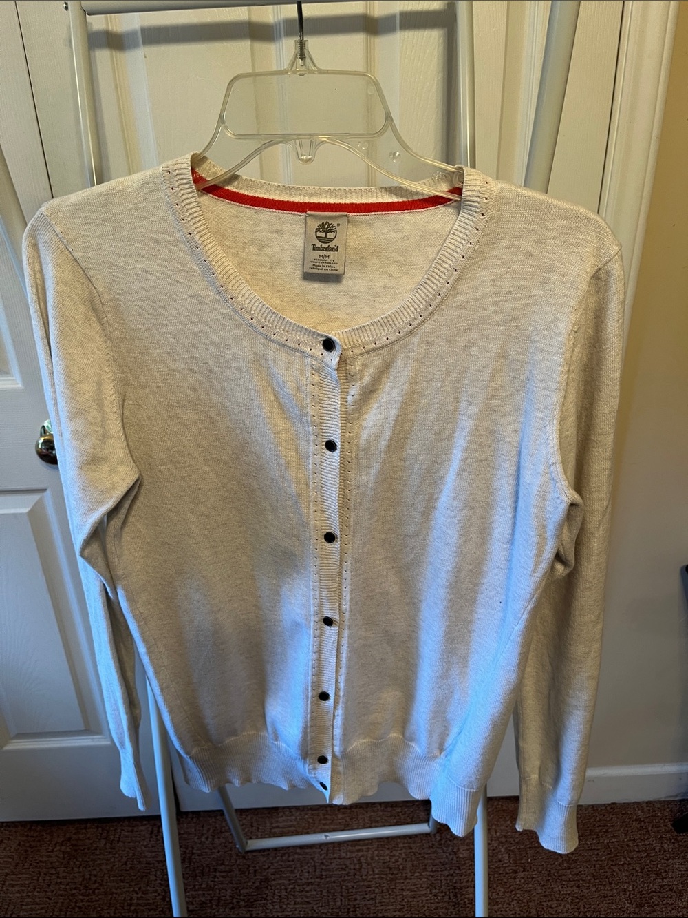 Timberland Cream Button-Up Women's Cardigan with Contrast Neck Trim PTP20” L24”